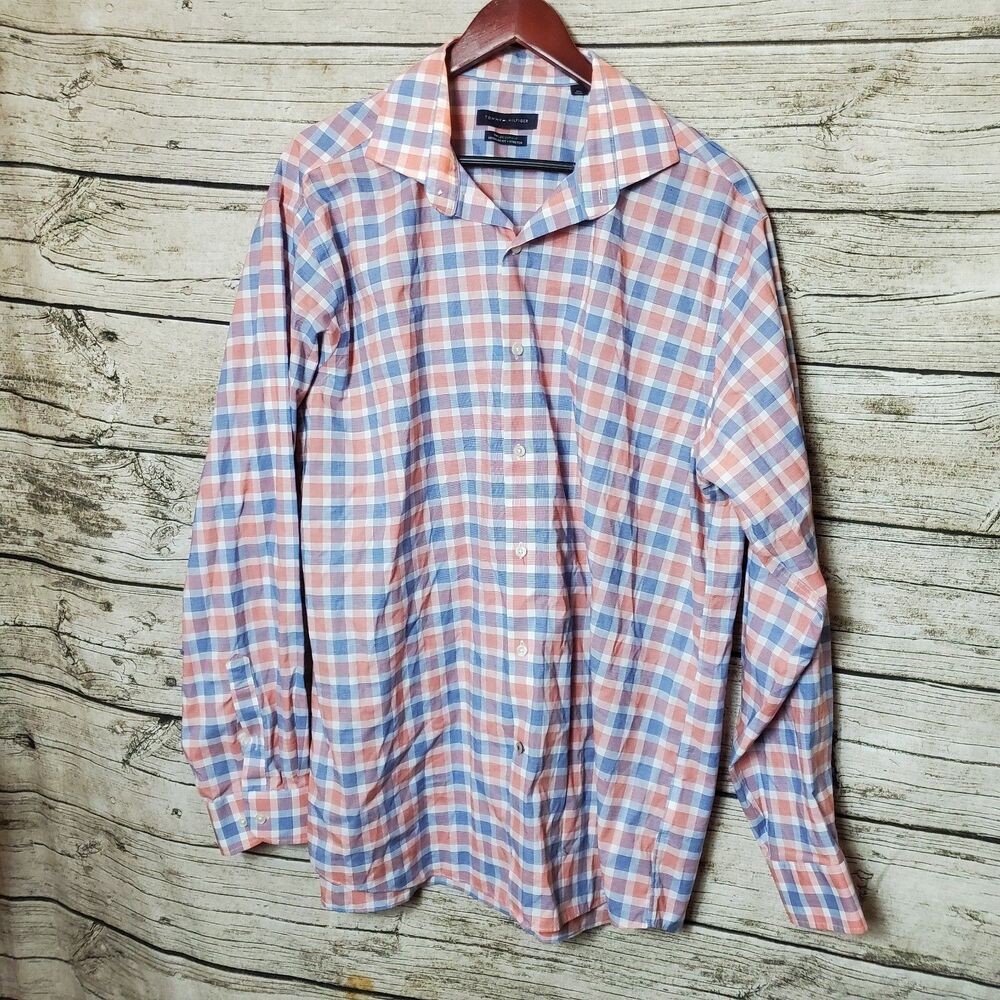 Tommy Hilfiger Blue White Red Plaid Button Down Casual Dress Shirt Men XL